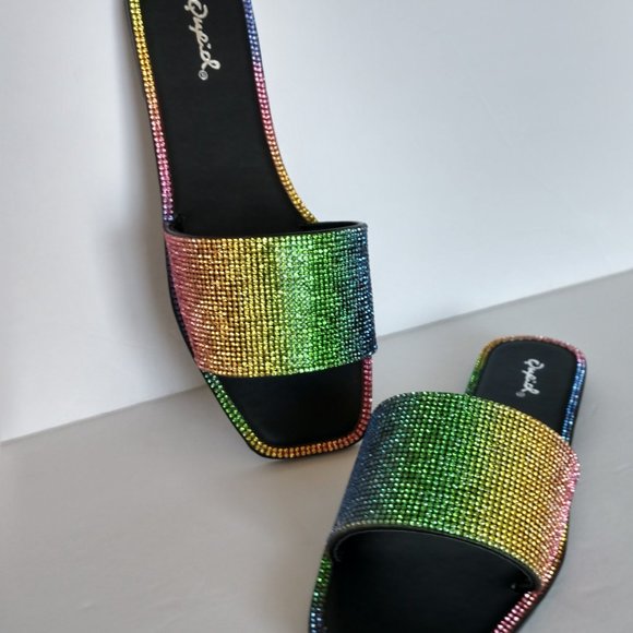 Qupid Rainbow Sandals Rhinestone Slides Various Sizes NIB - Picture 11 of 16